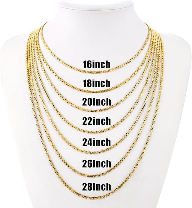 Fiusem Flat Box Chains for Men, 14k Gold Plated Stainless Steel Chain Necklace, 2.5/3/4/4.5/5mm Necklaces for Men and Women 16-28 Inch
