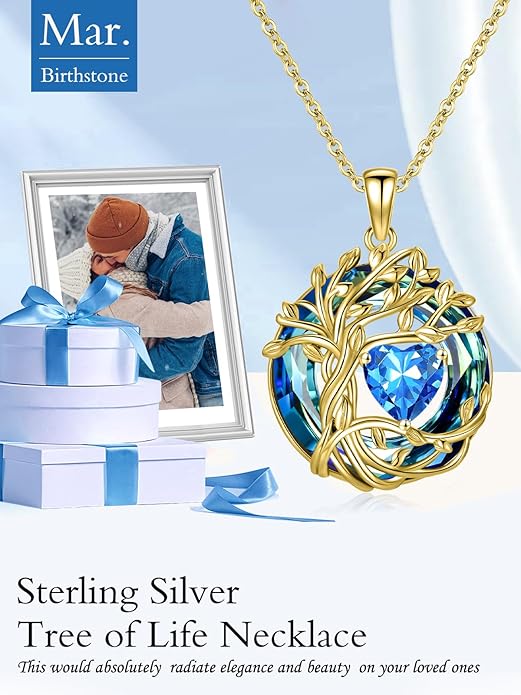 TOUPOP Christmas Gifts Tree of Life Birthstone Necklace 925 Sterling Silver Pendant Austrian Crystal Jewelry Anniversary Birthday Gifts for Women Mom Her Wife