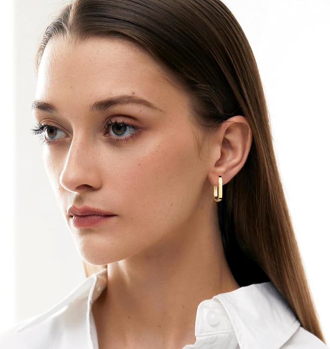 925 Sterling Silver Hoop Earrings for Women Small Square Hypoallergenic 14K Gold Plated Hoop Earrings Geometric Minimalist Rectangle Hoops