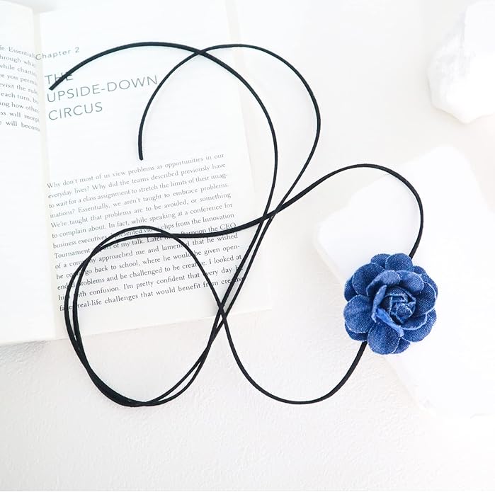 Black Choker Camellia Flower Lace-up Necklace For Women