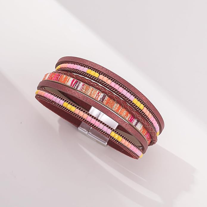 FANCY SHINY Boho Leather Wrap Bracelets Trendy Layered Bracelets with Magnetic Clasp Strackable Bohemian Jewelry Gifts for Women
