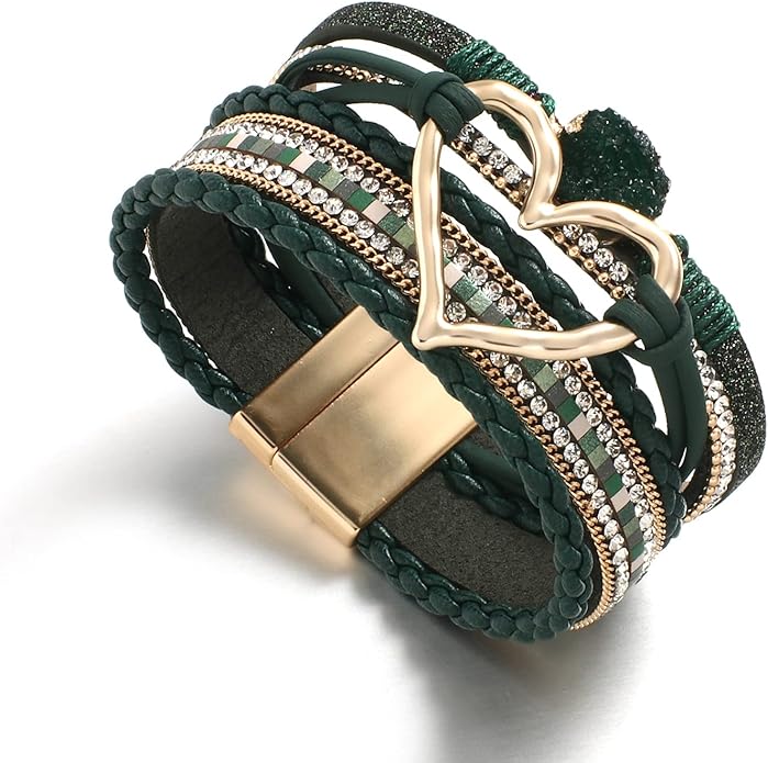 Leather Wrap Bracelet for Women Beaded Cuff Bracelet with Heart-shape Decor Bohemian Crystal Bracelet Jewelry with Clasp Bangle Bracelet for Women Girls Birthday Holiday Gift