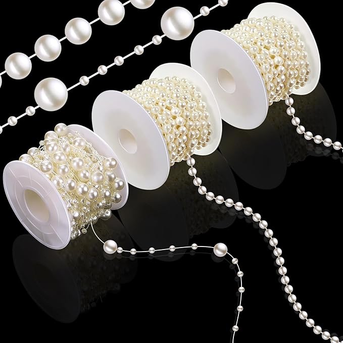 Bonuci 3 Rolls 66 Feet Pearls String Garland Faux Pearl Garland Spool Roll Strand Decoration Artificial Beads Chain Trim for Crafting String of Flowers Valentine Wedding Party(Beige,6mm)