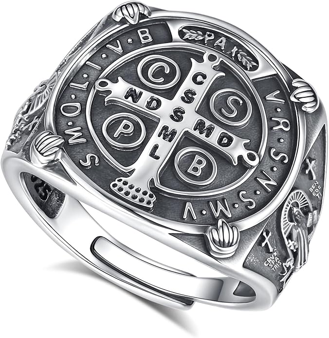 EUDORA S925 Sterling Silver St Benedict Ring San Benito Rings for Women Men, Vintage Ankh Cross Ring Saint Benedict Amulet Adjustable Rings Gifts for Women Mens Father Mother