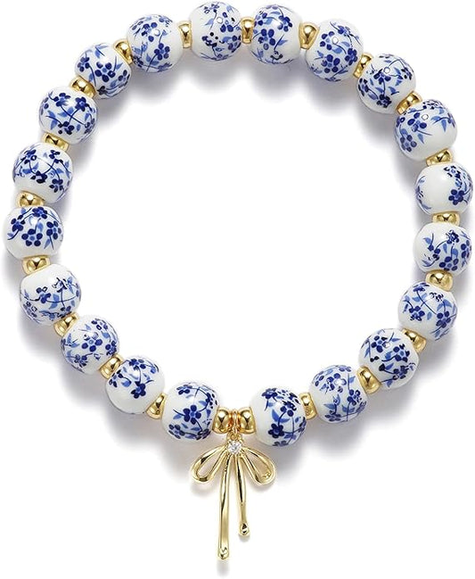 Beads Bow Charm Bracelet for Women Flower Vintage Bracelet Handmade Stretch Beaded Dainty Romantic Jewelry Gifts