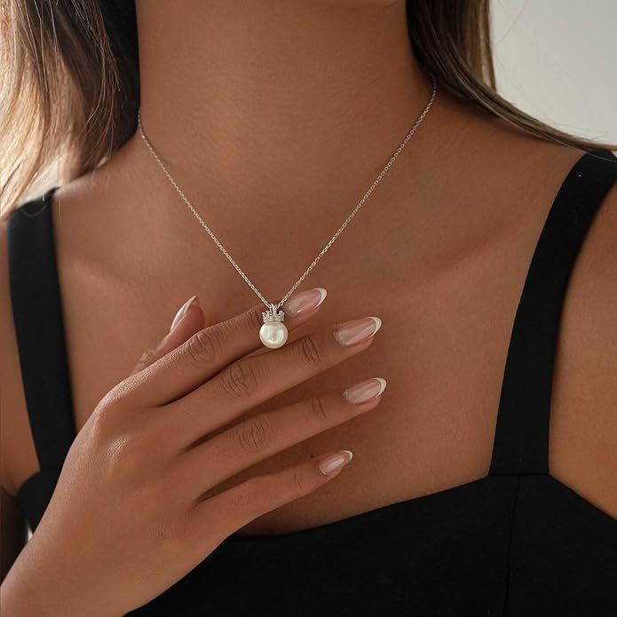Pearl Necklace for women,10mm Single pearl Necklace, Silver Princess Crown Pearl Pendant Dainty Jewelry Gift for Wife, Mom,Girlfriend,Anniversary, Birthday,Valentine’s Day