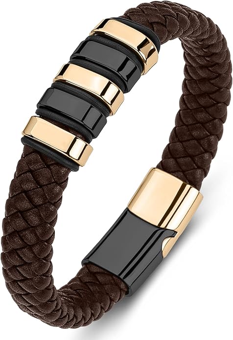 Leather Bracelet for Men Braided Cuff Wristband Stainless Steel Clasp in Silver and Gold Jewellery Gift