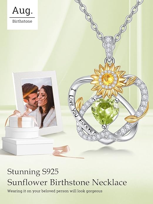 Zeuslia Double Birthstone Necklace Gifts for Wife - 925 Sterling Silver Sunflower/Rose/Crown Cross/Compass/Heart Pendant I Love You Necklace, Anniversary Birthday Gifts for Wife Girlfriend Mom Her