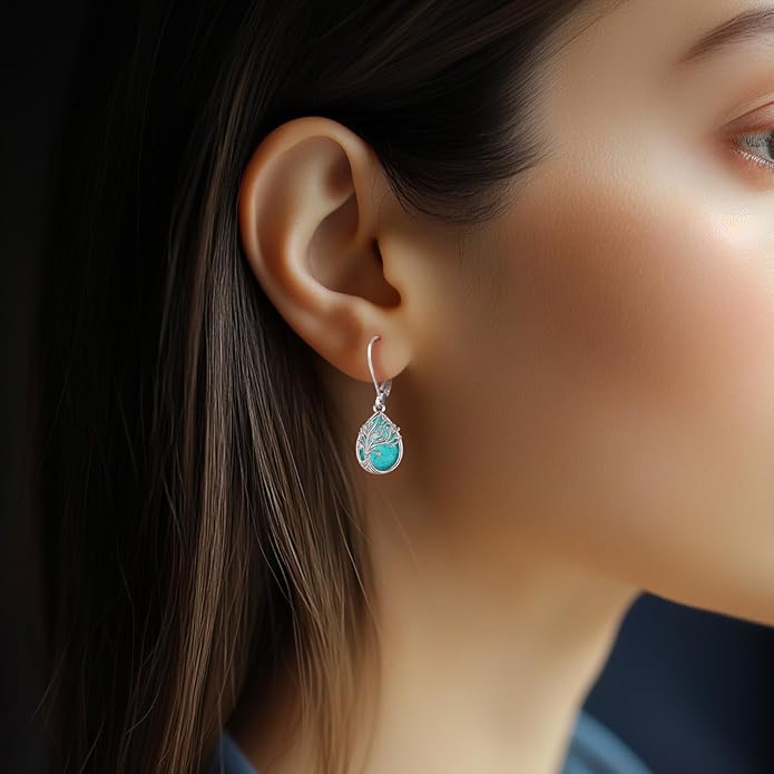 Black Cat/Turtle/Moonstone//Turquoise/Flower/Tree of Life Earrings Sterling Silver Cute Animal Leverback Dangle Earrings Jewelry Gifts