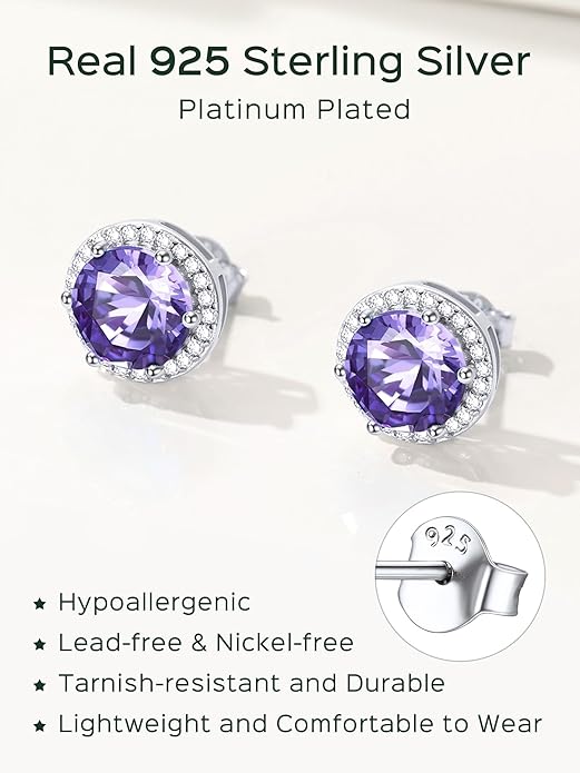 ChicSilver 925 Sterling Silver Birthstone Earrings for Women, 8MM/2 Carat Heart & Round Cubic Zirconia Stud Earrings, Hypoallergenic Jewelry, Ideal Birthday or Christmas Gifts