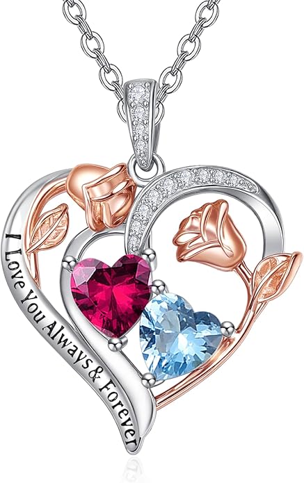 Zeuslia Double Birthstone Necklace Gifts for Wife - 925 Sterling Silver Sunflower/Rose/Crown Cross/Compass/Heart Pendant I Love You Necklace, Anniversary Birthday Gifts for Wife Girlfriend Mom Her