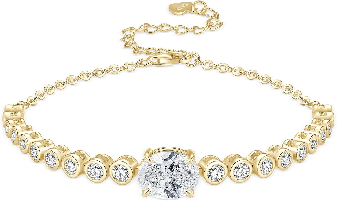 3CT Oval Moissanite Link Bracelet, 8x10mm Oval Cut D Color VVS1 925 Sterling Silver Adjustable Moissanite Bracelets for Women Mom Birthday Jewelry Gifts