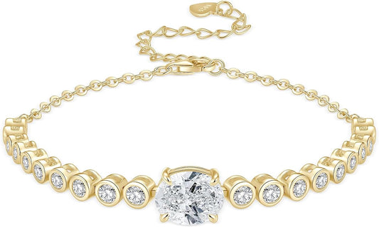 3CT Oval Moissanite Link Bracelet, 8x10mm Oval Cut D Color VVS1 925 Sterling Silver Adjustable Moissanite Bracelets for Women Mom Birthday Jewelry Gifts