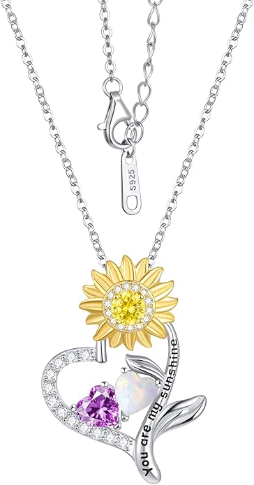 PERJI Valentine's Day Gifts for Women - 925 Sterling Silver Double Birthstone Sunflower Necklace, Anniversary Birthday Jewelry You are My Sunshine Gifts for Wife Couple Girlfriend 18"+2" Non Tarnish