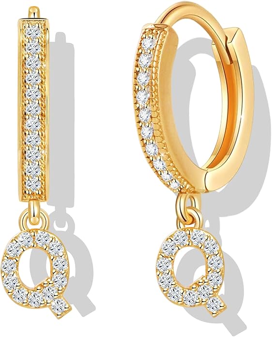18K Gold Filled Initial Dangle Hoop Earrings for Women, 1 Pair CZ Hypoallergenic Alphabet Letter A-Z Drop Dangle Dainty Gold Earrings, Small Huggie Hoop Earrings with Cubic Zirconia Gifts Jewelry