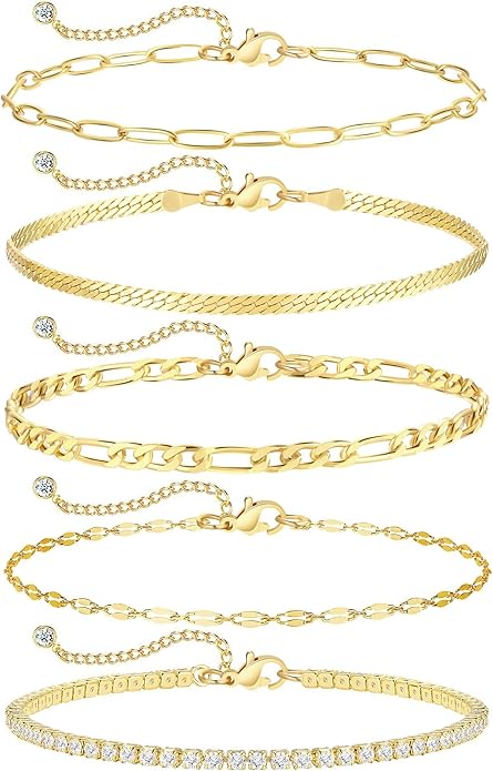 iF YOU Gold Ankle Bracelets for Women, 14k Gold Plated Waterproof Cuban Link Chain Anklets Set, Layered Anklet Bracelets for Women Beach Gift Adjustable Size 5pc