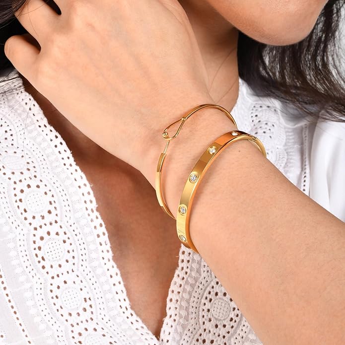 MPRAINBOW Gold Bracelets for Women, 2Pcs 18K Gold Plated Cubic Zirconia Bangle Crystal Friendship Bracelet Jewelry,Wedding Party Christmas Birthday Gifts for Her Girlfriend Sister Daughter