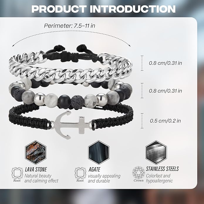 3pc Mens Beaded Bracelets Silver Stainless Steel Chain Bracelet for Men Handmade Braided Bracelet Sets Jewelry Gifts for Men
