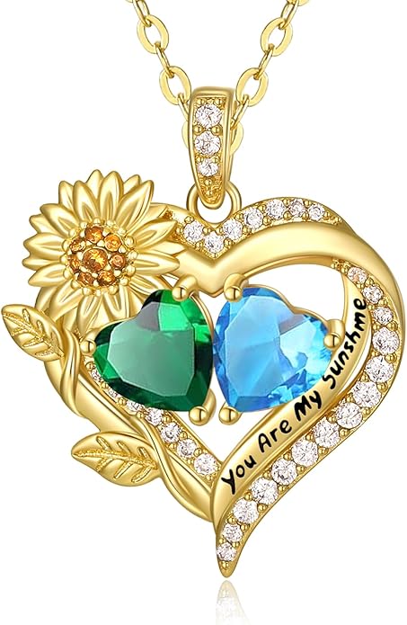 Sunflower Heart Necklace for Women 14K Gold Exquisite Anniversary Birthday Gifts for Wife Mother Her Double Birthstone Pendant jewelry‘You Are My Sunshine’