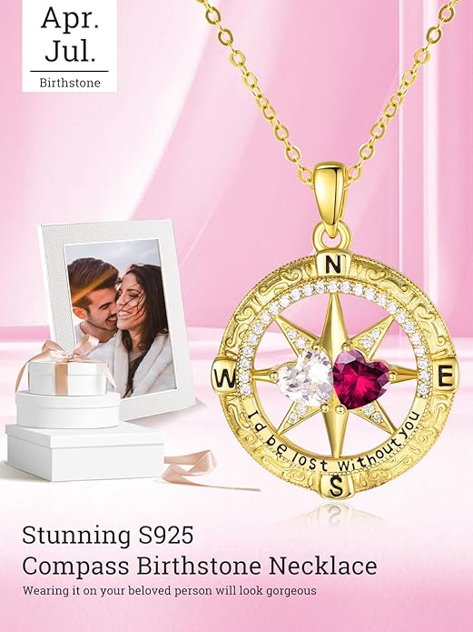 Zeuslia Double Birthstone Necklace Gifts for Wife - 925 Sterling Silver Sunflower/Rose/Crown Cross/Compass/Heart Pendant I Love You Necklace, Anniversary Birthday Gifts for Wife Girlfriend Mom Her