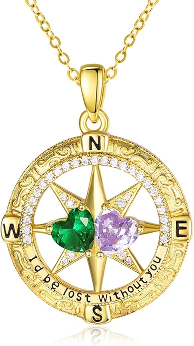 Zeuslia Double Birthstone Necklace Gifts for Wife - 925 Sterling Silver Sunflower/Rose/Crown Cross/Compass/Heart Pendant I Love You Necklace, Anniversary Birthday Gifts for Wife Girlfriend Mom Her
