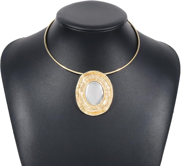 Fashion Chunky Statement Necklaces - African Choker Necklace with Gold Oval Pendant,Tribal Collar Necklace Hammered Metal Jewelry for Women
