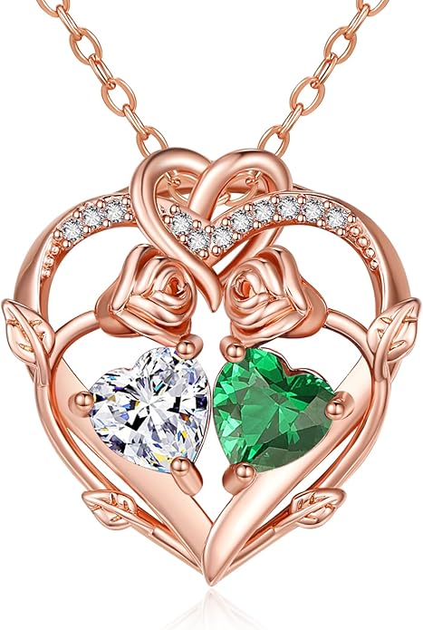 Rose Gold Necklaces for Women Double Birthstone Rose Flower Heart Pendant Necklace Jewelry Anniversary Christmas Valentine's Mother's Day Birthday Gift for Wife Mom Her Girlfriend Sister