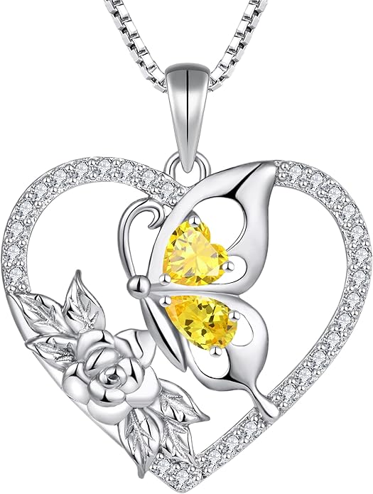 YL Women's Butterfly Necklace 925 Sterling Silver Flower Rose Pendant Birthstone Halo Jewelry