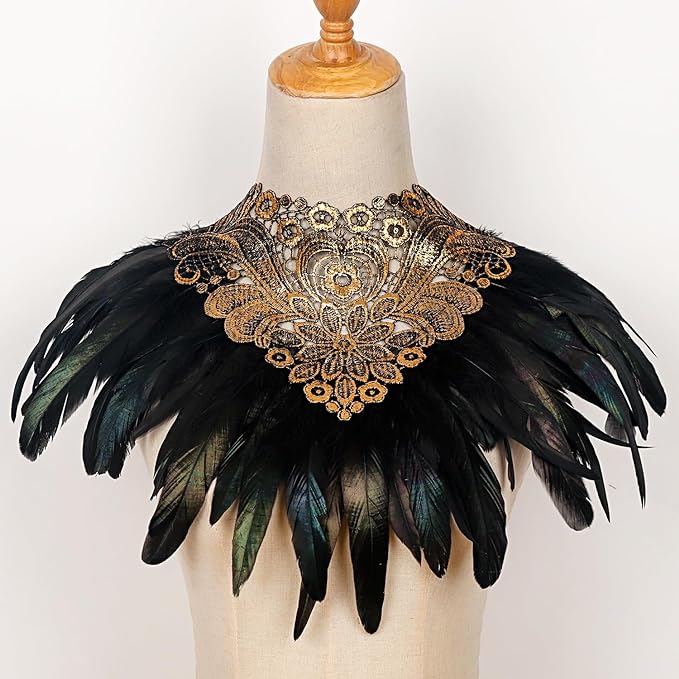 L'VOW Real Black Feather Harness Lace Collar Necklace Bib Halloween