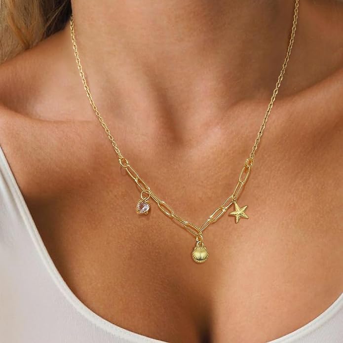 Shell Necklace for Women,14k Gold Plated Layered Starfish Conch SeaShell Pearl Pendant Charm Necklace,Non Tarnish Adjustable Stainless Steel Chain Stack Jewerly for Summer Beach Vacation
