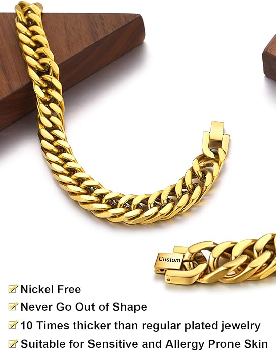 ChainsHouse Stainless Steel Cuban Link Bracelet, 8mm/12mm/17mm Width, 7.5"/8.3"/9", 18K Gold Plated Chain Wrist Bracelets for Men Women, Send Gift Box