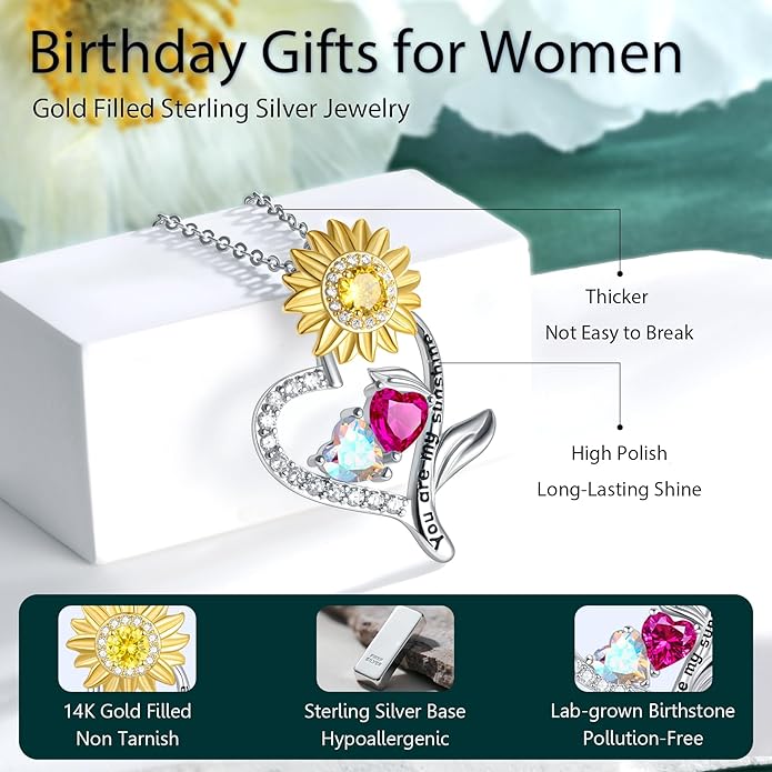 PERJI Valentine's Day Gifts for Women - 925 Sterling Silver Double Birthstone Sunflower Necklace, Anniversary Birthday Jewelry You are My Sunshine Gifts for Wife Couple Girlfriend 18"+2" Non Tarnish