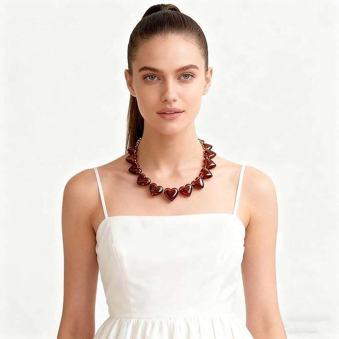 YUJIE Chunky Heart Penadnt Necklace for Women- Exaggerated Statement Puff Heart Necklace with Acrylic Beaded Chain