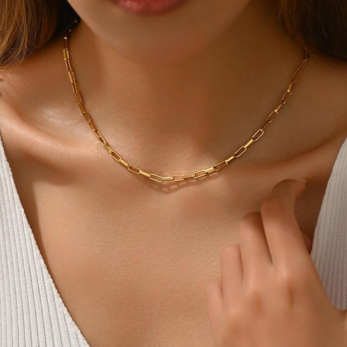Dainty Chain Necklace for Women, 18K Gold Plated Coin Disc Choker Necklaces Simple Satellite Beaded Twisted Thin Paper Clip Chain Everyday Jewelry Gifts