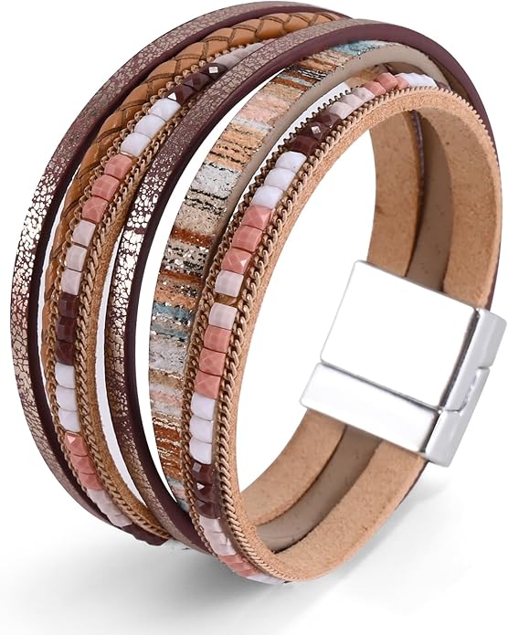 ENGCKSHI Wrapped Bracelets for Women,Leather Bracelet,Boho Bracelets for Women,Multi-Layer Pearl Crystal Bracelet Bangle Jewelry