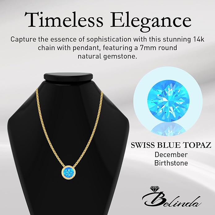 14K Gold Necklace for Women - 7mm Round Natural Gemstone Pendant with 18" Gold Chain - Trendy Birthstone Statement Fine Jewelry - Yellow Gold, Elegant Women's Accessories