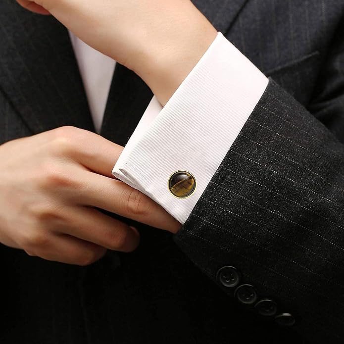 Jonwo Round Natural Polished Tiger's Eye Gemstone Cufflinks for Men Women 14K Gold Plated Crystal Men's Cufflinks Jewelry for Wedding Anniversary Business Party Tuxedo Dress Shirt