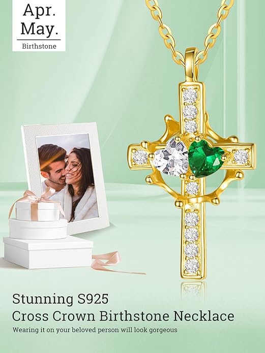 Zeuslia Double Birthstone Necklace Gifts for Wife - 925 Sterling Silver Sunflower/Rose/Crown Cross/Compass/Heart Pendant I Love You Necklace, Anniversary Birthday Gifts for Wife Girlfriend Mom Her
