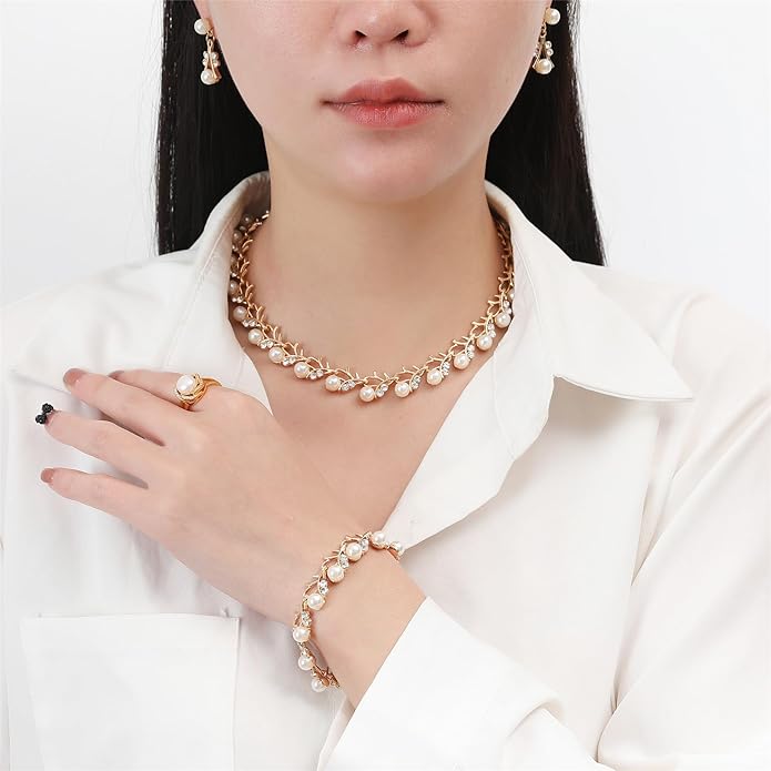 la luen Pearl Bride Wedding Jewelry Set Faux Pearls Crystal Rhinestone Necklace Earrings Bracelet Sets for Women Bridesmaid(3 PCS)