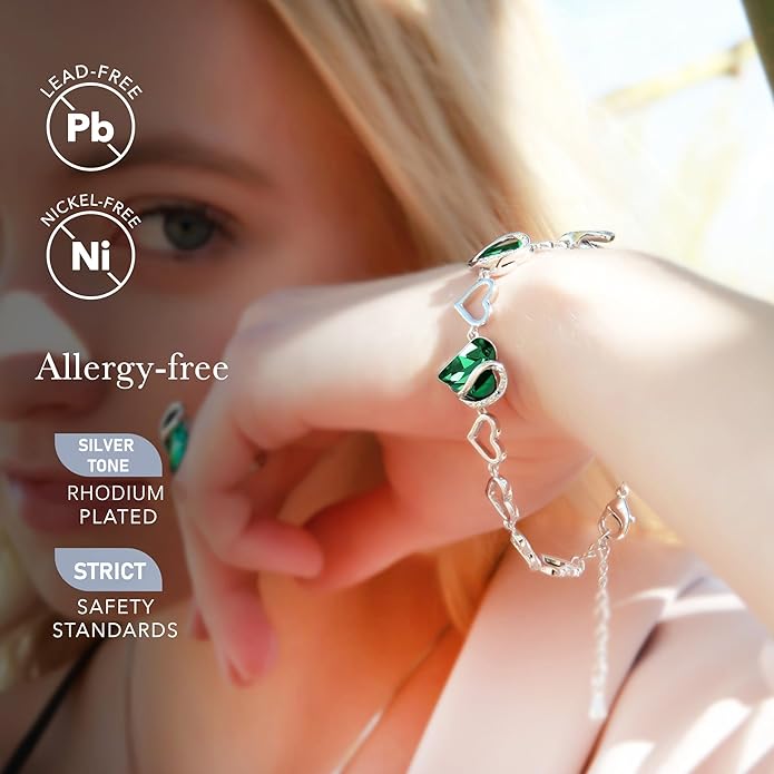 Leafael Infinity Love Heart Link Bracelets, Birthstone or Healing Stone Crystal Bracelet for Women, Silver Tone Jewelry Gifts for Her, 7-inch Chain and 2-inch Extender