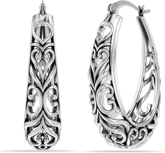 LeCalla 925 Sterling Silver Hoop Earrings for Women | Women's Filigree Hoop Earrings | Antique Oxidized Openwork Mesh Filigree Cut Earring Chunky Hoops | Hypoallergenic Vintage Filigree Oval Hoop Earrings for Women