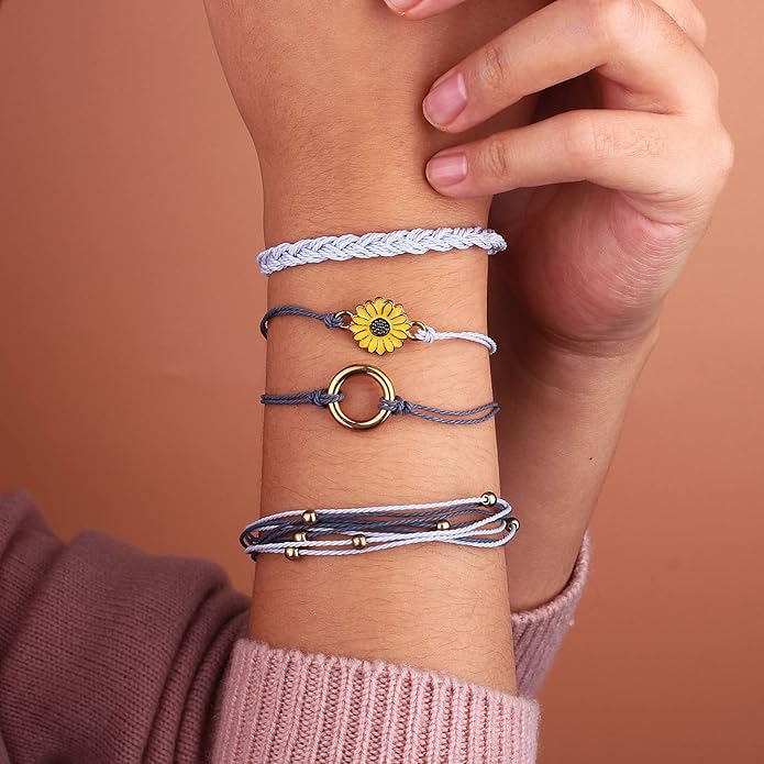 FANCY SHINY Sunflower String Bracelet Boho Braided Rope Wrap Bracelets Cute Summer Beach Surfer Jewelry for Women