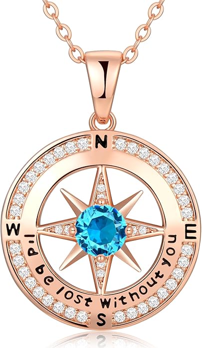 Zifeel Compass Necklace Gifts for Women wife - S925 Sterling Silver Birthstone Necklaces for Women - Anniversary Birthday Gifts for Her Wife Girlfriend - Valentines Mom Mothers Day Christmas Gifts Jewelry for Women