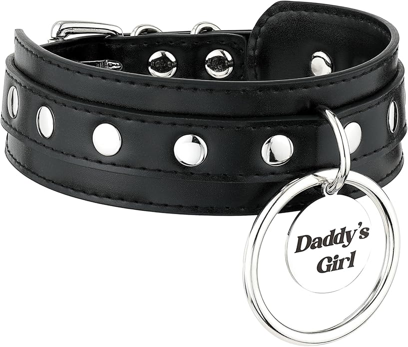 Black O-ring Leather Choker Collar for Women, Gothic Punk Style Adjustable Choker Necklace with Rivets and Engraved Letters Steel Tag