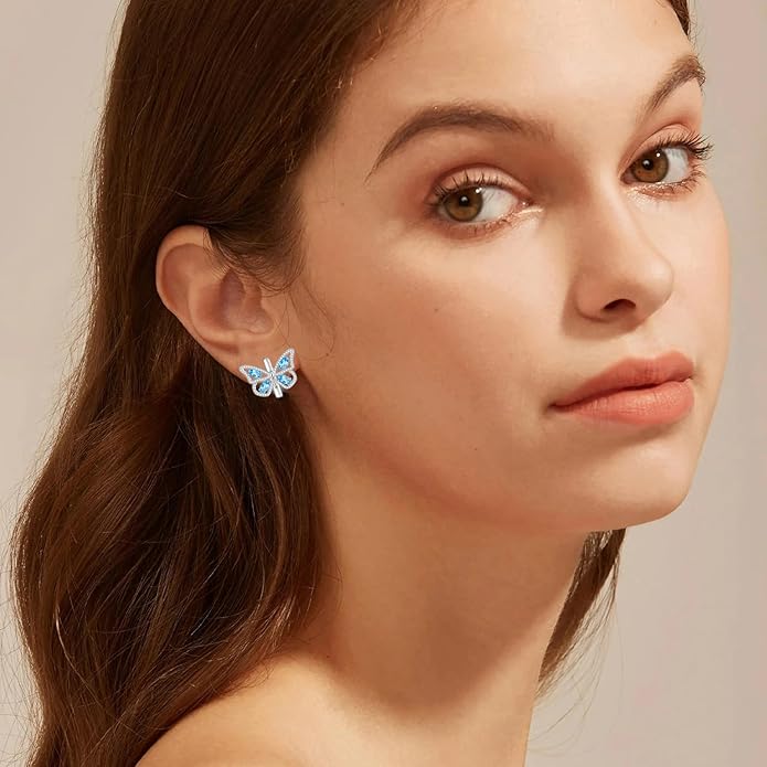 Natural Swiss Blue Topaz Butterfly Earrings 925 Sterling Silver Real Gemstone Birthstone Drop Earrings for Women Jewelry Gifts for Birthday
