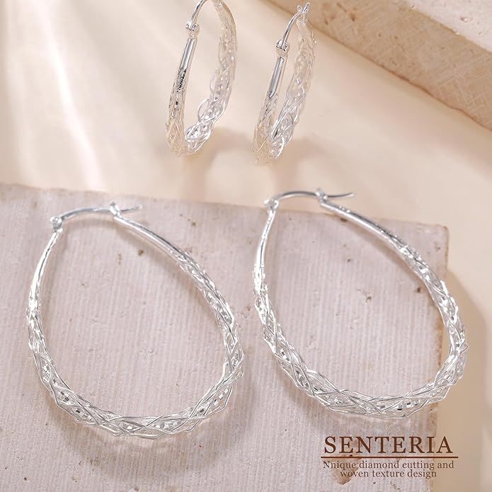 Senteria Sterling Silver Hoop Earrings - Medium, Lightweight, Thick Twist Oval Hoops