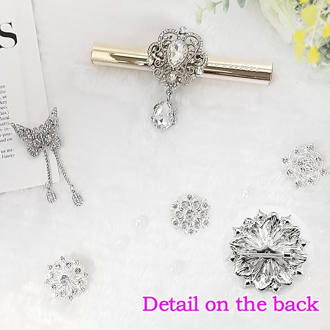 Yhsheen Silver Rhinestone Brooches Pin Kits Crystal Pearl Brooches for Bouquets for Wedding Decoration Accessories Jewelry Making Crafts(Sliver-14PCS)-D
