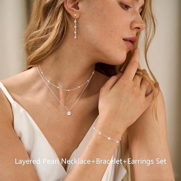 DIBOLA Gold Jewelry Set for Women, Dainty Layered 14K Gold/Silver Pearl Choker Necklaces and Earring Set Pearl Earrings Bracelets Wedding Bride Jewelry