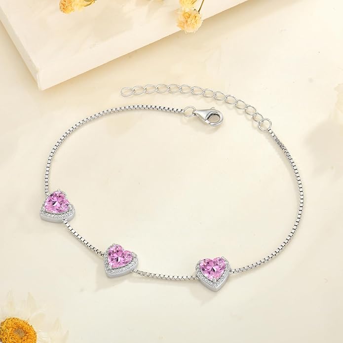 Love Heart Bracelet 925 Sterling Silver Halo Heart Birthstone Bracelet Jewelry Gifts for Women