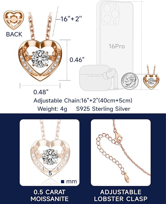 MomentWish Dancing Heart Necklace for Women, 0.5/1 Carat Dancing Moissanite Necklace for Her 925 Sterling Silver Pendant Anniversary Birthday Christmas Gift for Wife Mom Girlfriend